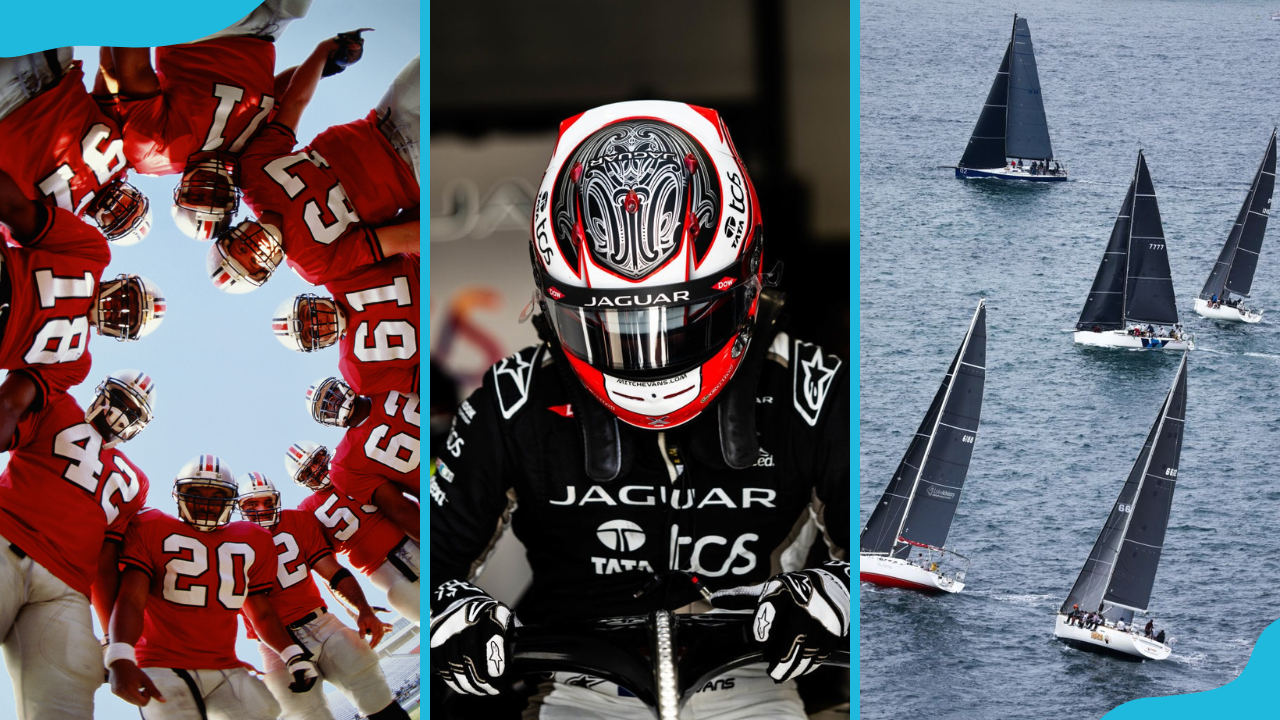 American football, Formula One car racing, and yacht racing depicted side by side.