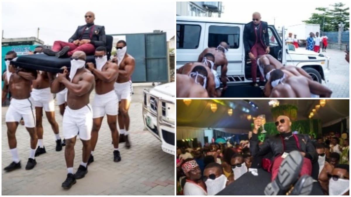 Lagos socialite Pretty Mike steps out to an event on the shoulders of 6 hefty men