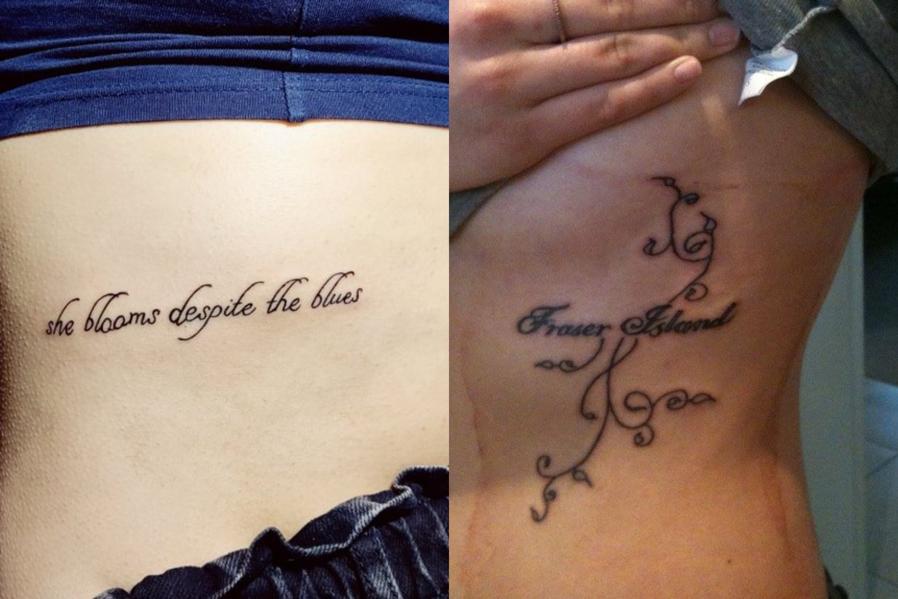 Two ladies with quote tattoos on the side of their stomachs