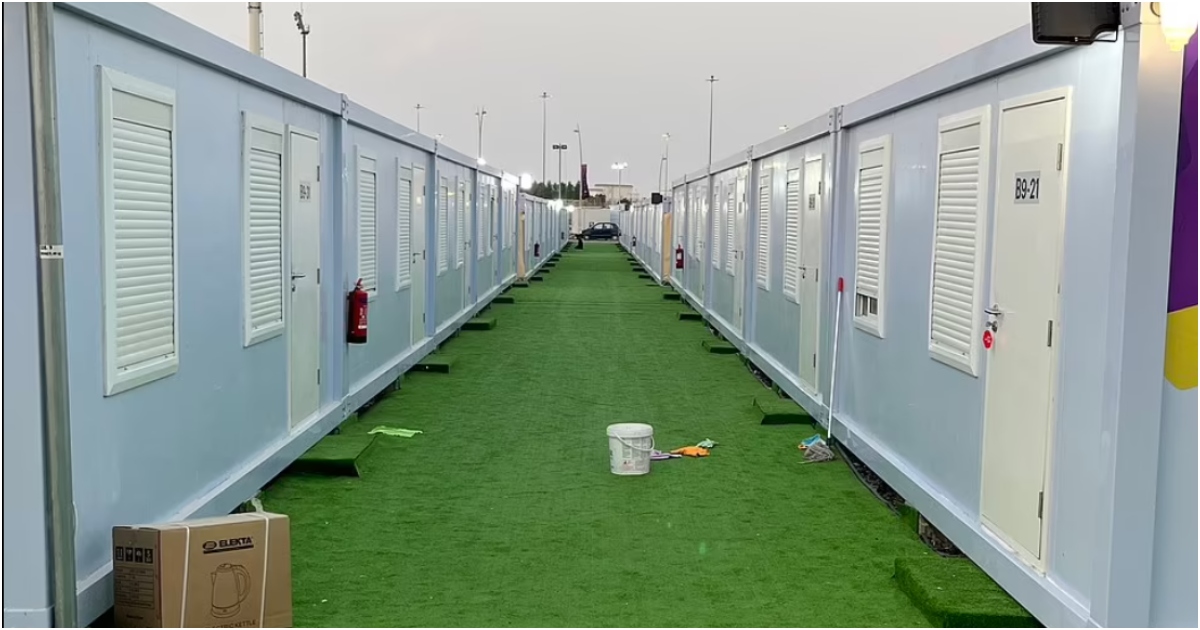 The rooms at the world cup fan village are made from shipping containers.