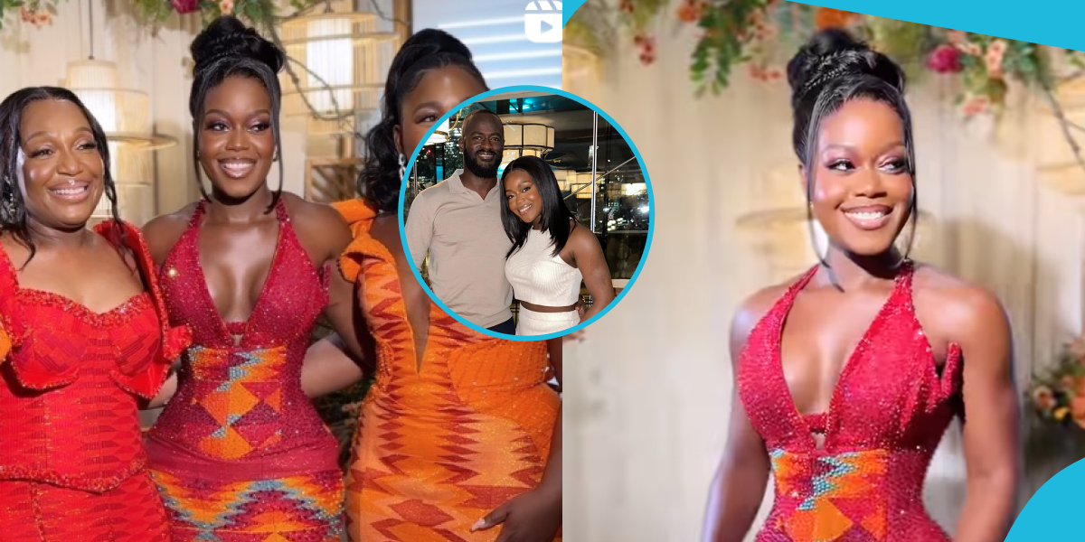 UK-based Ghanaian bride looks charming in a pink back criss-cross kente gown and frontal hairstyle