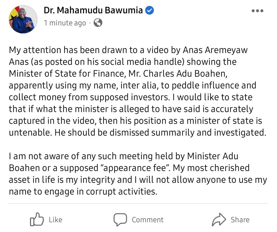 Dr. Bawumia has, in a statement, denied any involvement in the Anas expose