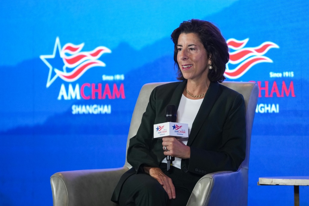 US Secretary of Commerce Gina Raimondo speaks at AmCham Shanghai's Women's Executive Network's 2023 WeForShe Conference in Shanghai on August 30, 2023.