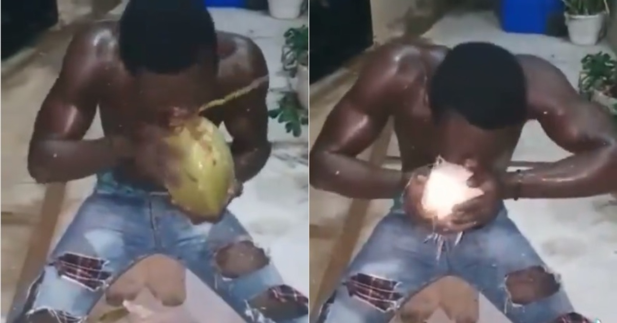 Ghanaian man shows power; peels coconut husk with bare teeth in video