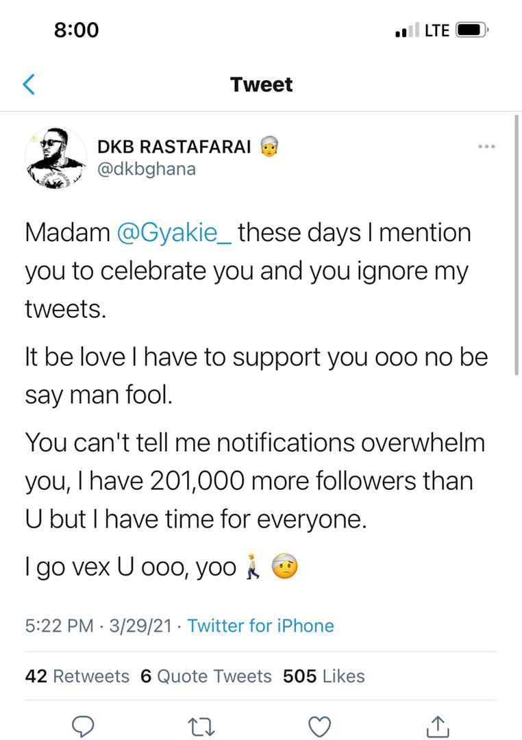 I have 200k followers more than you; reply to my messages - DKB jabs Gyakie
