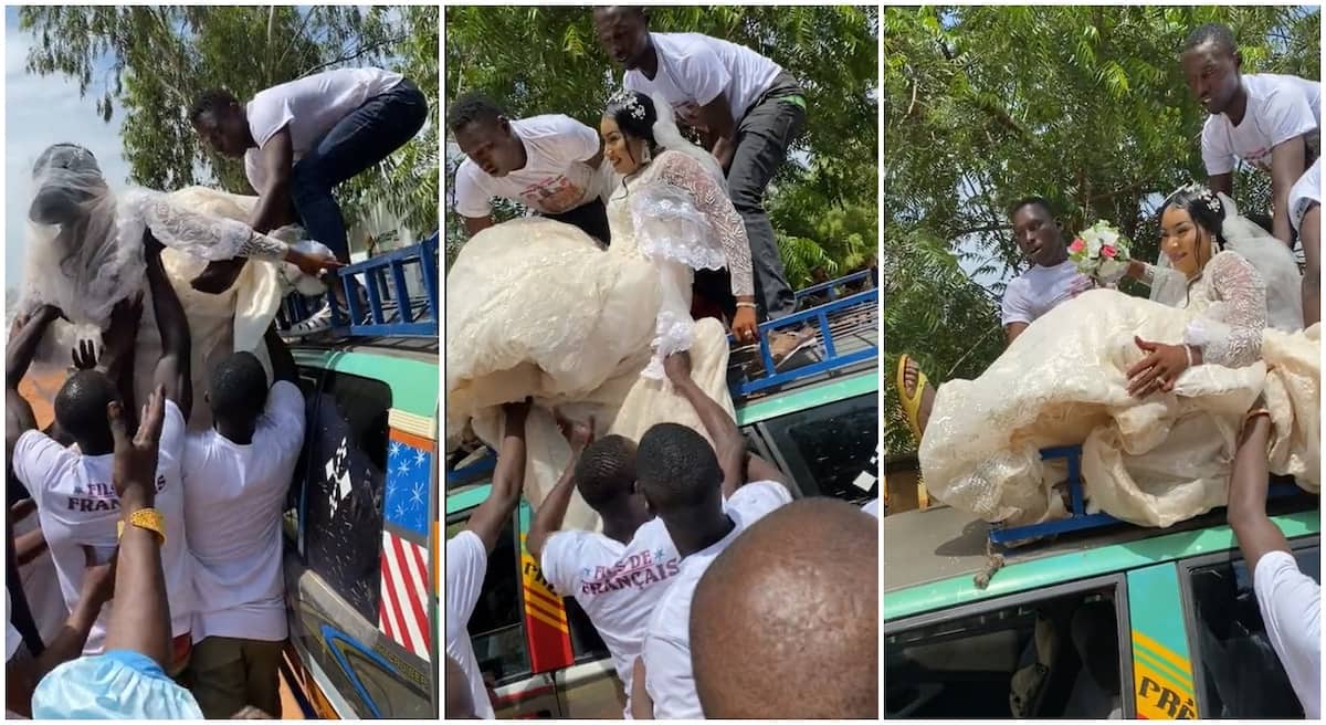 Photos of black bride who was made to sit on the roof of a bus in her wedding day.