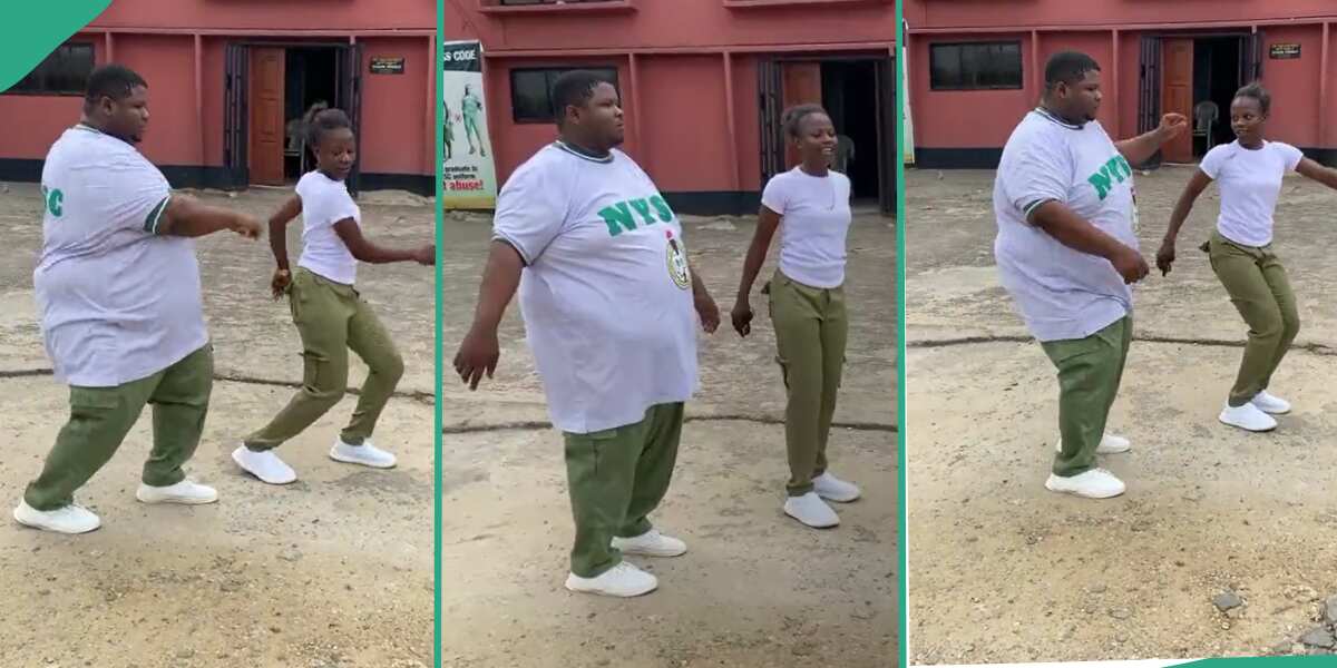 Slim lady in NYSC uniform dances with chubby corps member, video trends: "The guy get moves"