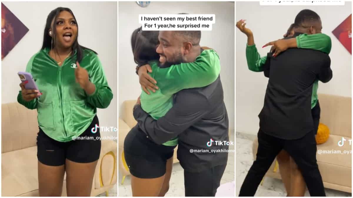 "You guys should marry": Lady screams as she reunites with male bestie, both hug themselves tight
