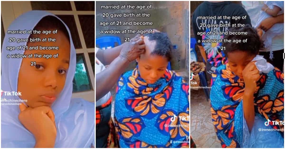 Bereaved lady who married at 20 becomes a widow at age 21, women shave her hair, sad video melts hearts