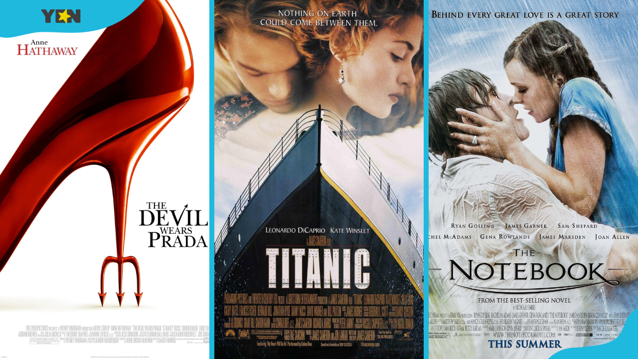 Chick flick movies The Devil Wears Prada (L), Titanic (C) and The Notebook (R)