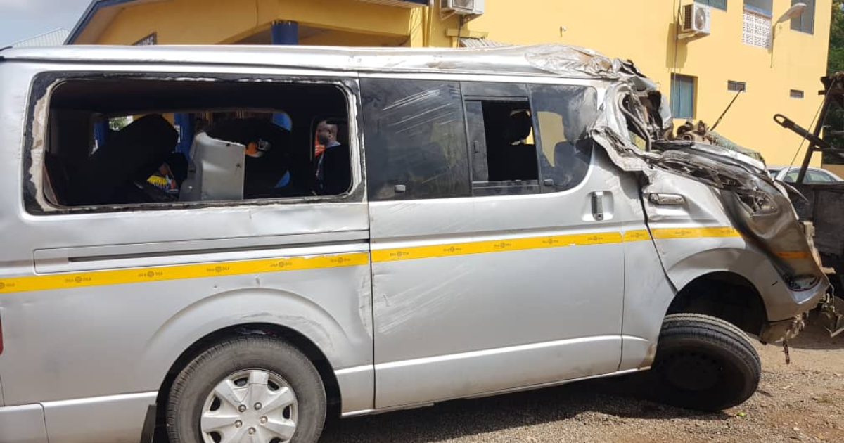 Trotro driver risks live of over 10 passengers to knock down 2 robbers; vehicle somersaults