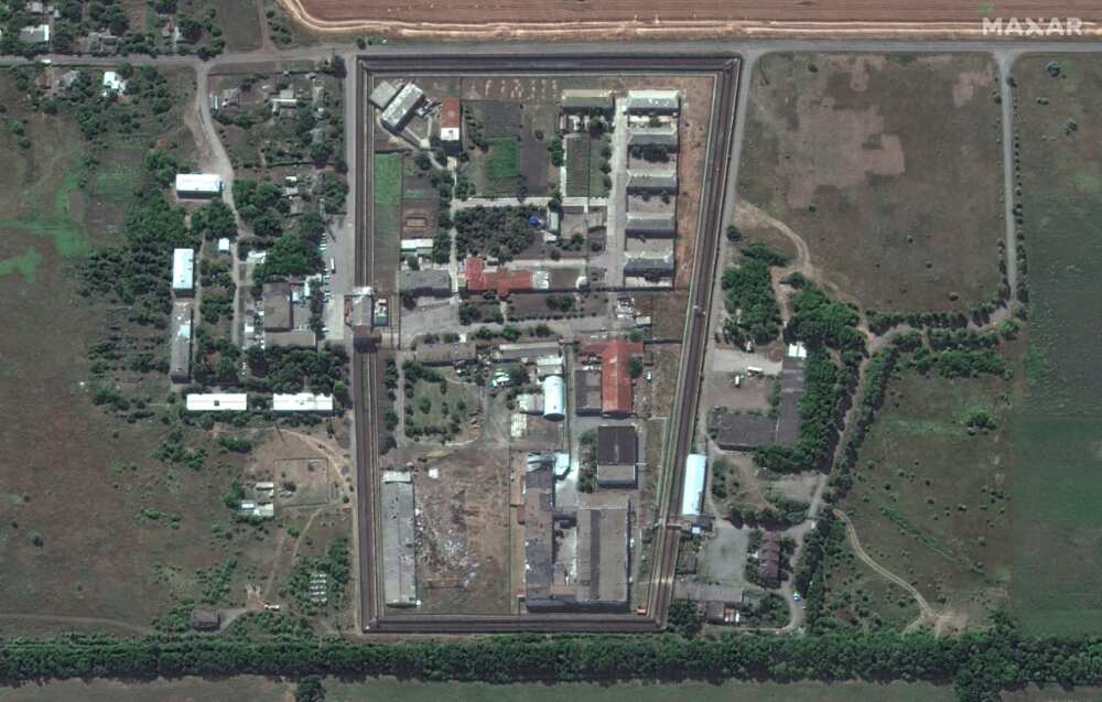This handout satellite image courtesy of Maxar Technologies dated July 30, 2022 shows the Olenivka prison in the Donetsk region of Ukraine where more than 50 people reportedly died following an attack a day earlier
