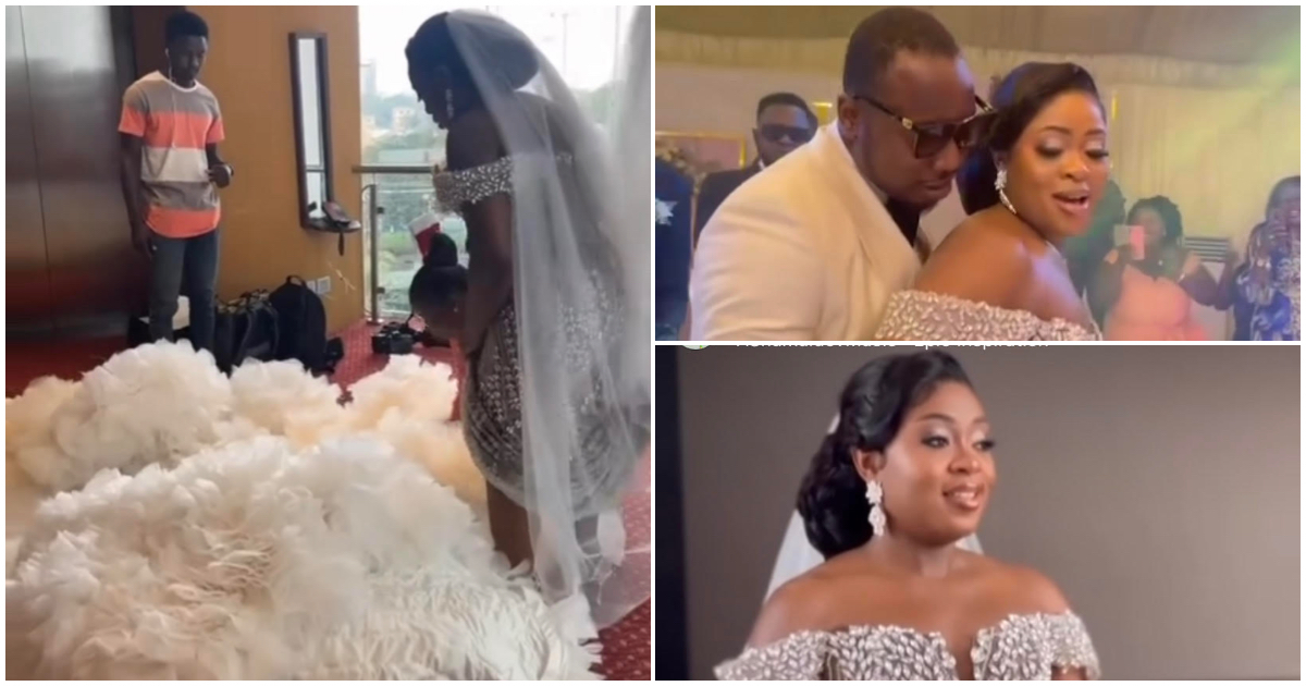 Ghanaian bride causes stir on social media with her ravishing gown and extremely long and bulky detachable train