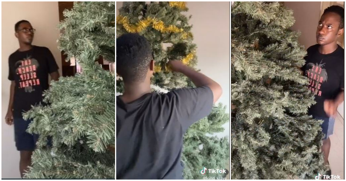 Man surprised to see Christmas tree in his living room