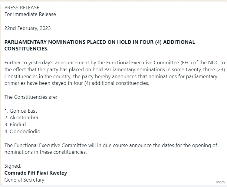 The NDC announced suspension of parliamentary primaries at 4 more constituencies on February 22, 2023.