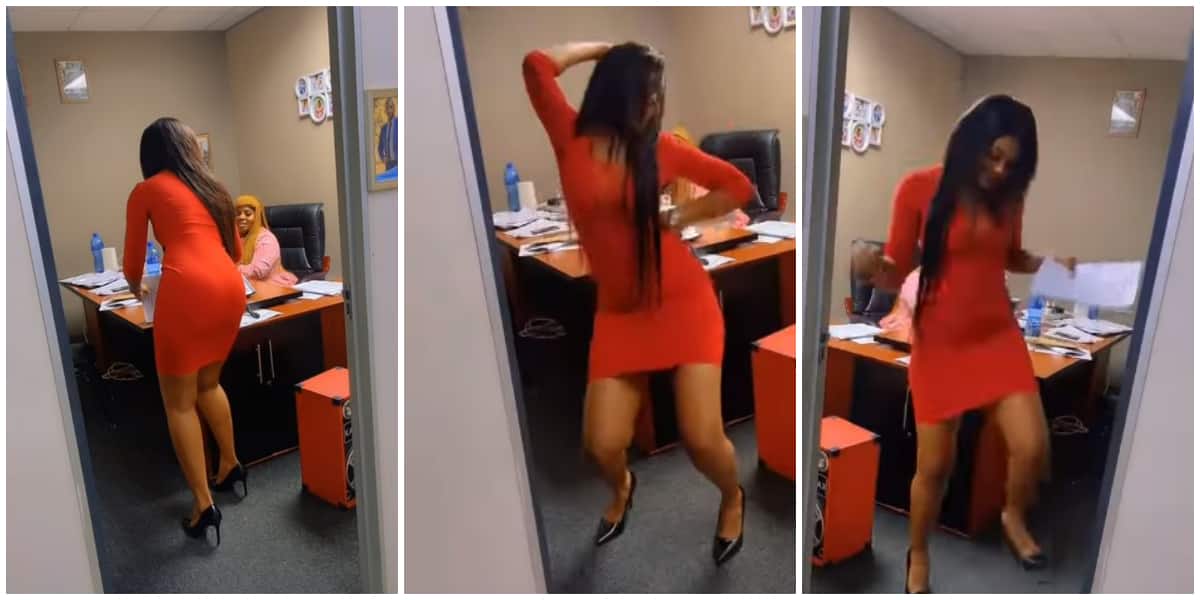 Beautiful lady in heels stuns her boss as she dances with great energy at the office after submitting a document, video goes viral