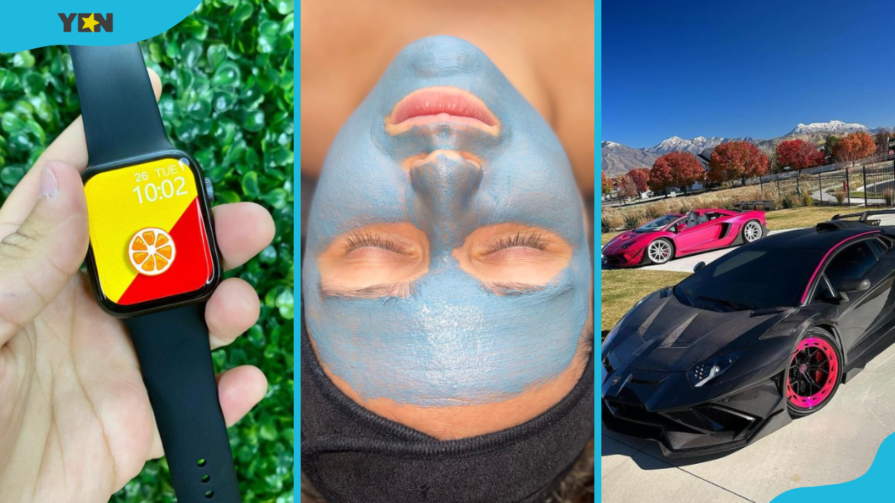 A smartwatch, a woman in a facial mask, and two luxurious cars
