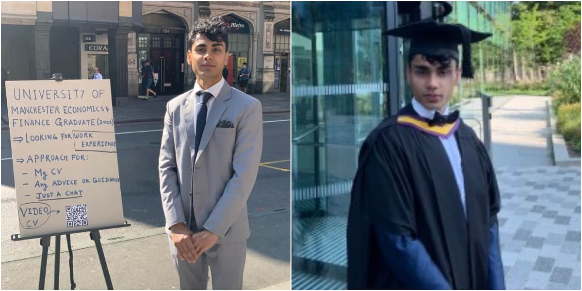 Oyinbo graduate from top UK university wears suit as he takes to street under hot sun to beg for job, carries board