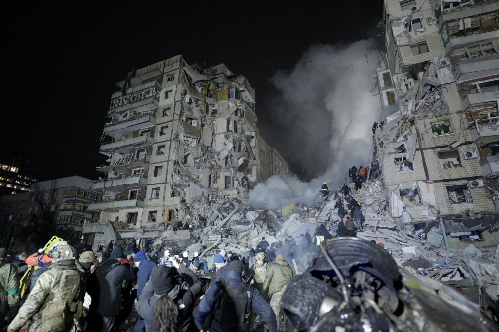 A residential building destroyed after a missile strike in the Ukrainian city of Dnipro on January 14, 2023