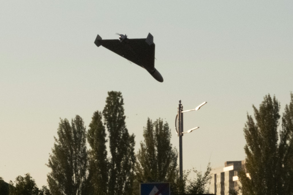 A drone approaches for an attack in Kyiv early Monday morning
