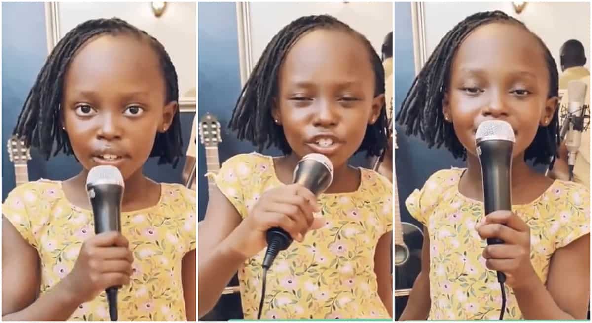 Photos of a girl singig with a microphone in her hand.