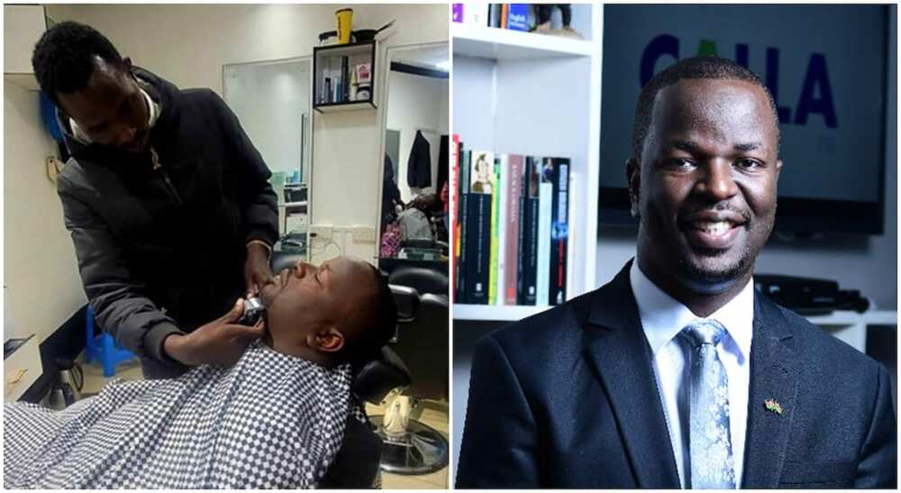 Photos of Kevin Otiende and his barber, Richard Rwumbuguza.