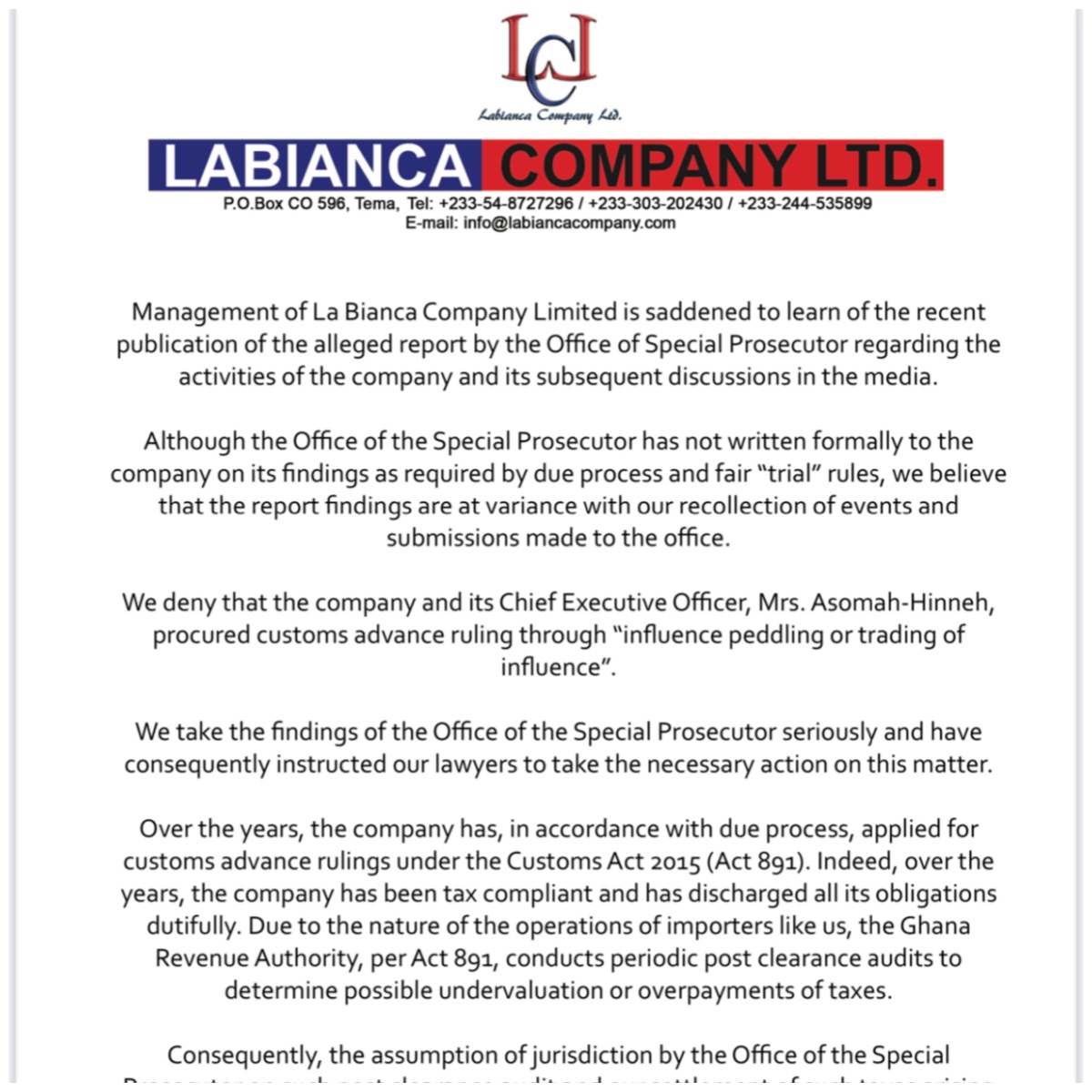 Labianca's statement on the allegations by the OSP