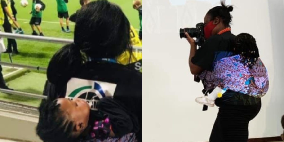 Ghanaian journalist breaks stereotypes as she straps baby to her back at AWMA event (Photos)
