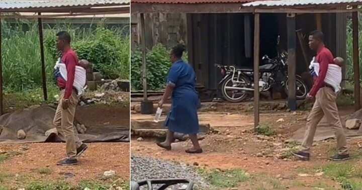 Man backs baby as he walks on the road with his wife