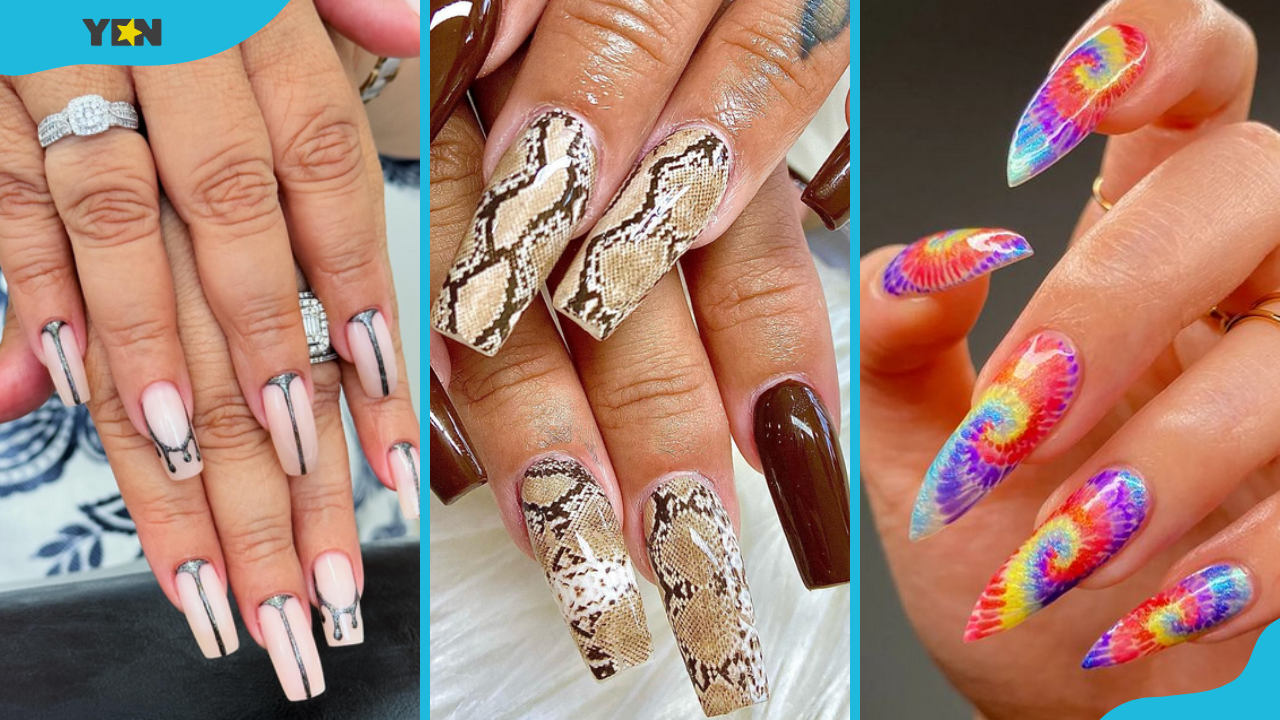 Checkmate nails (L), Snake print nails (M) and Dip-dye nail design (R)