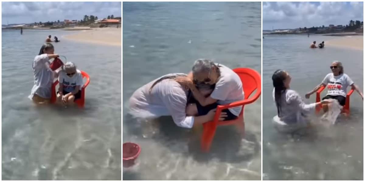 Emotional video shows lady bathing her 94-year-old grandmother in the ocean to help the woman fulfill her dream