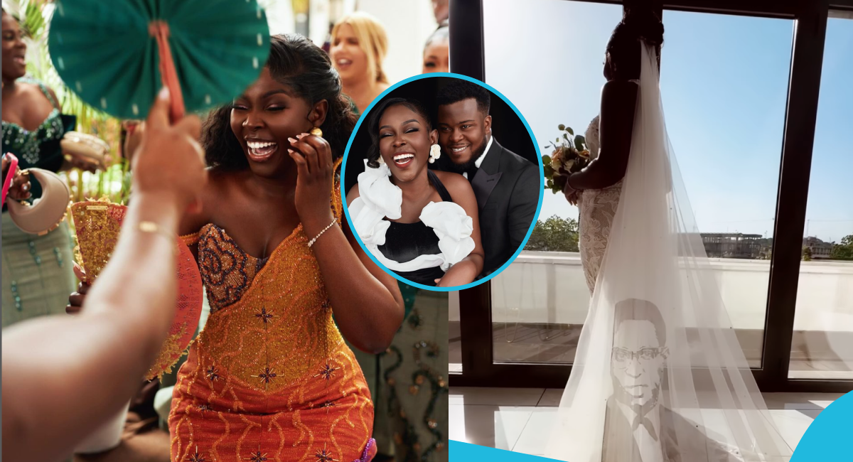 Ghanaian bride gets family emotional as she rocks stylish veil with her late dad's photo customised on it