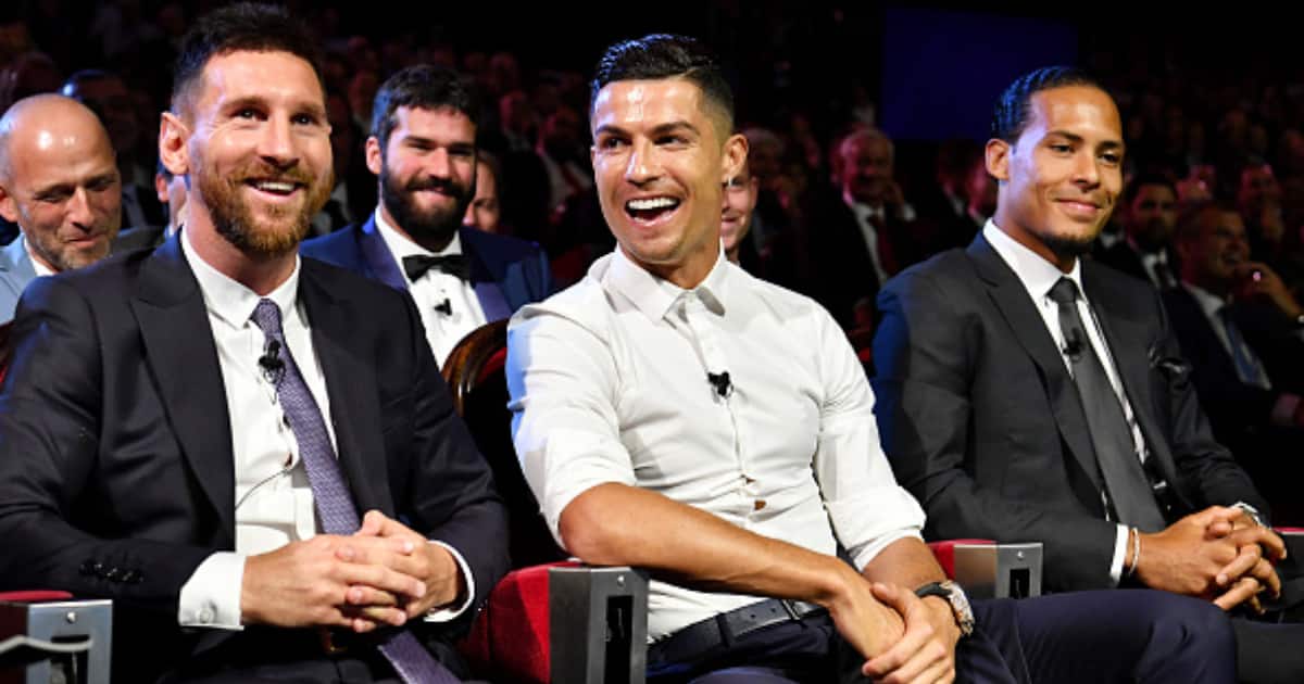 Cristiano Ronaldo, Lionel Messi and Virgil Van Dijk during the UEFA Champions League Draw at Salle des Princes, Grimaldi Forum on August 29, 2019 in Monaco(Photo by Harold Cunningham - UEFA/UEFA via Getty Images)