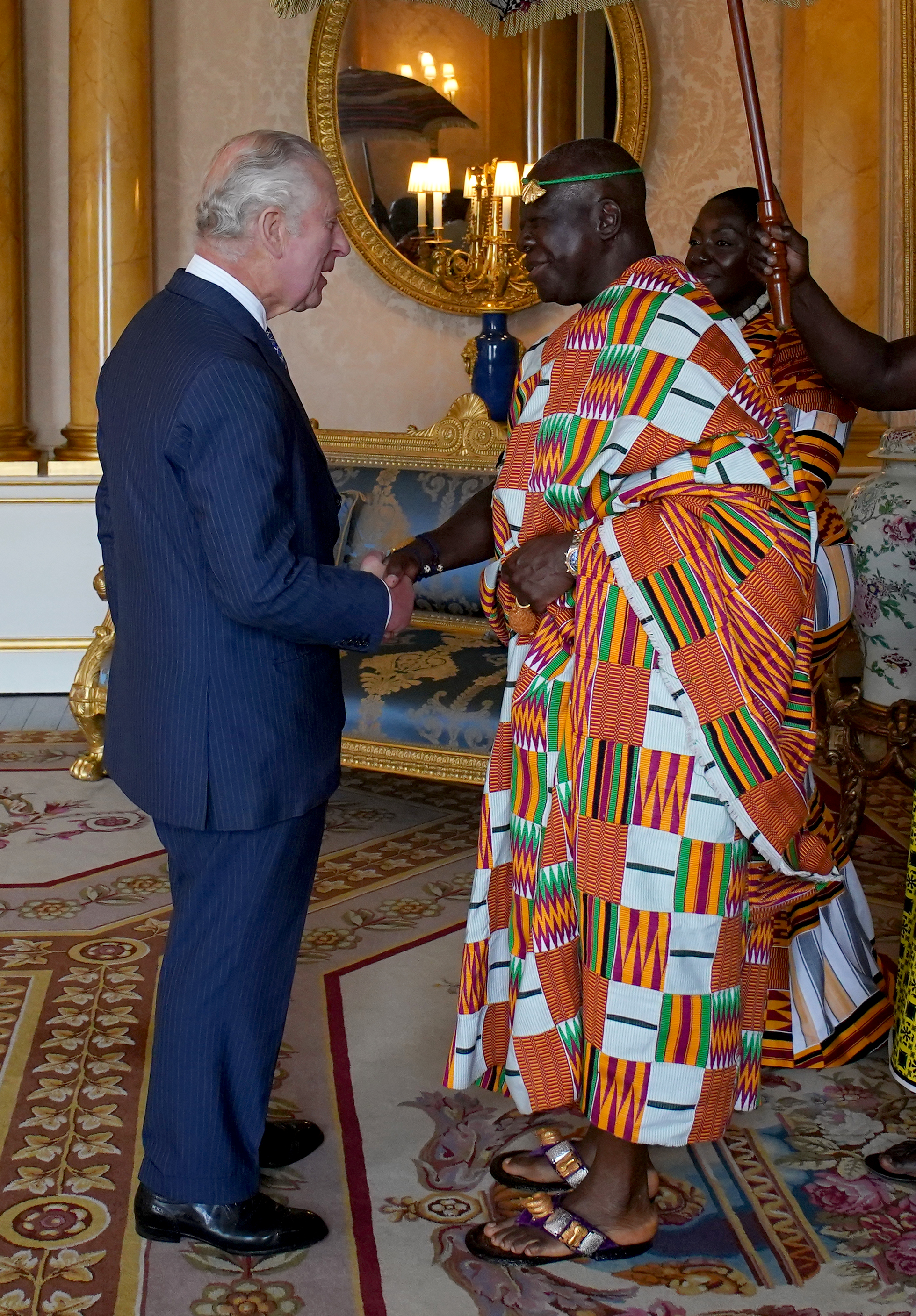 Asantehene Otumfuo Osei Tutu II and his wife Lady Julia meet King Charles III at Buckingham Palace.