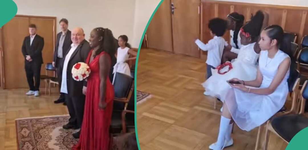 Single black mum of 4 children weds Oyinbo lover, video goes viral online: “You look so beautiful"