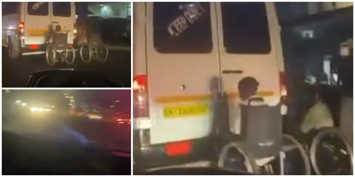 Nigerians react to viral video of two physically-challenged men on wheelchairs clinging to the back of moving vehicle