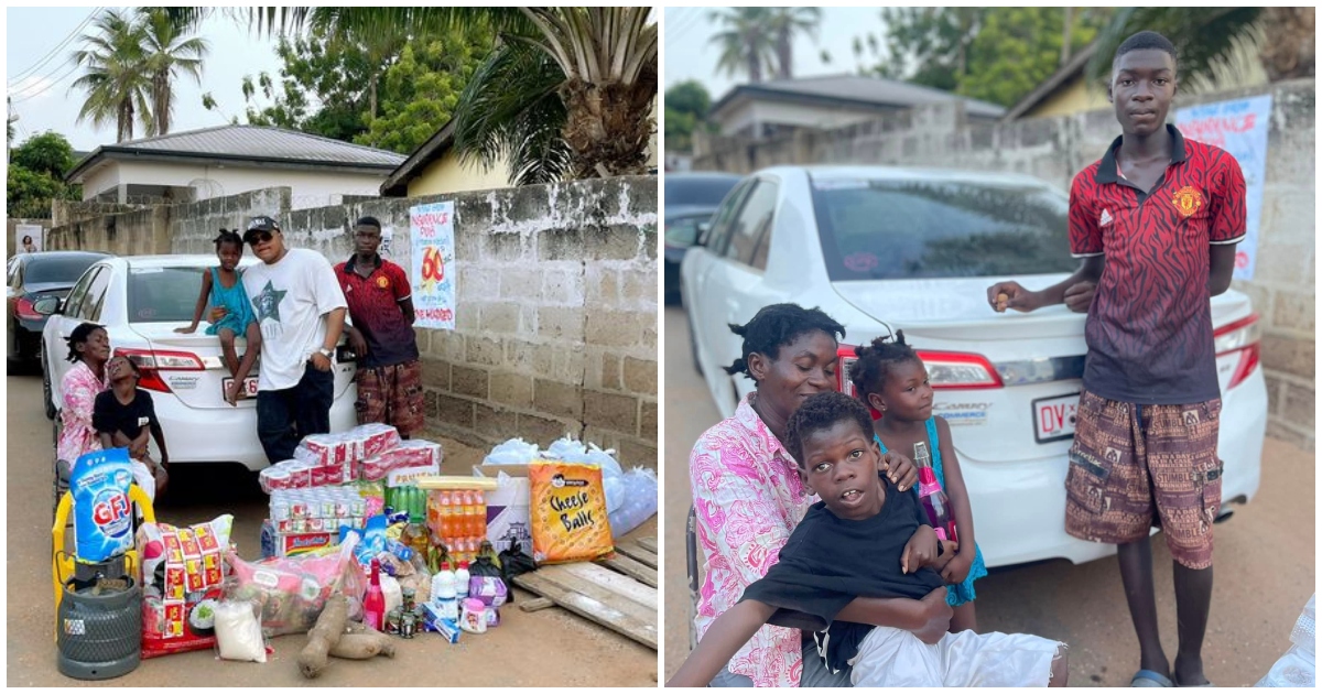 Man donates cash and food items a family in Accra