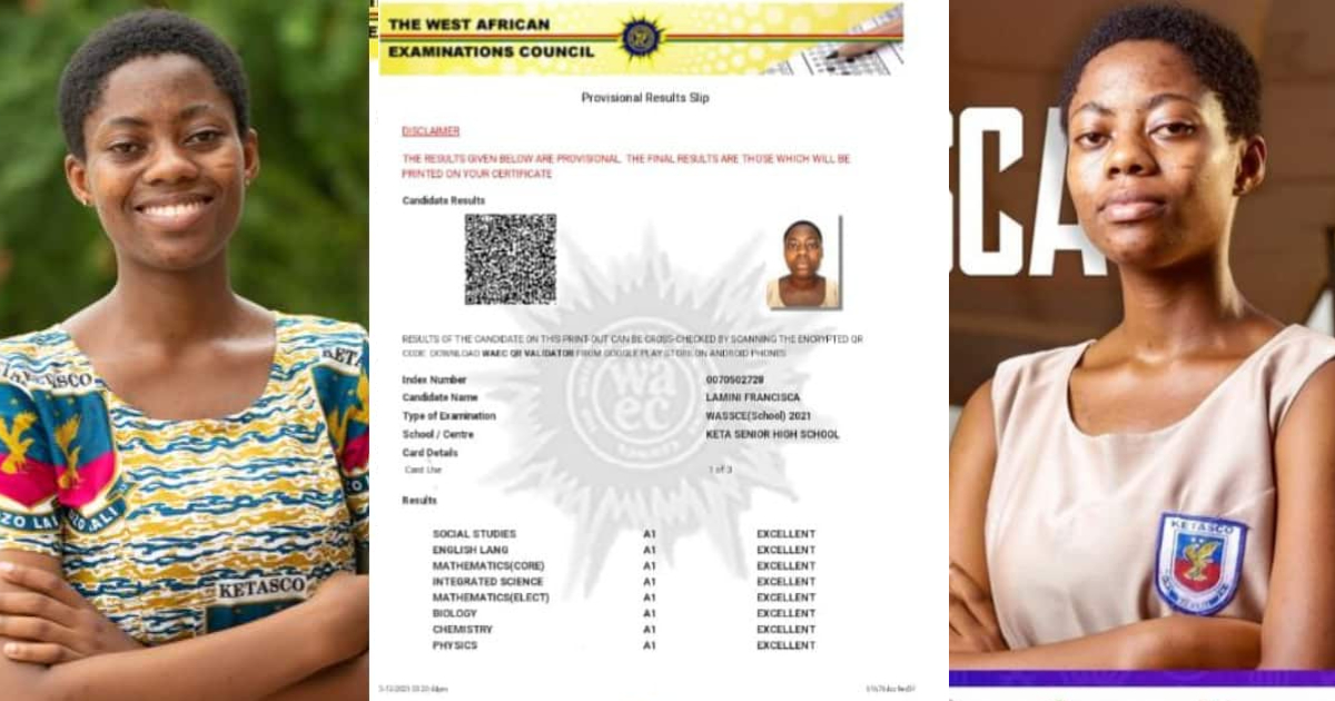 Keta SHS NSMQ girl Francisca Lamini's real WASSCE results out, scores 2nd 8As in one year