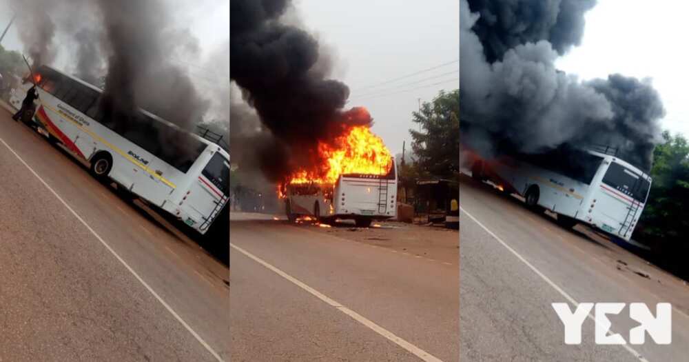 University of Energy & Natural Resources bus with students catches fire on its way to KNUST (photos, video)