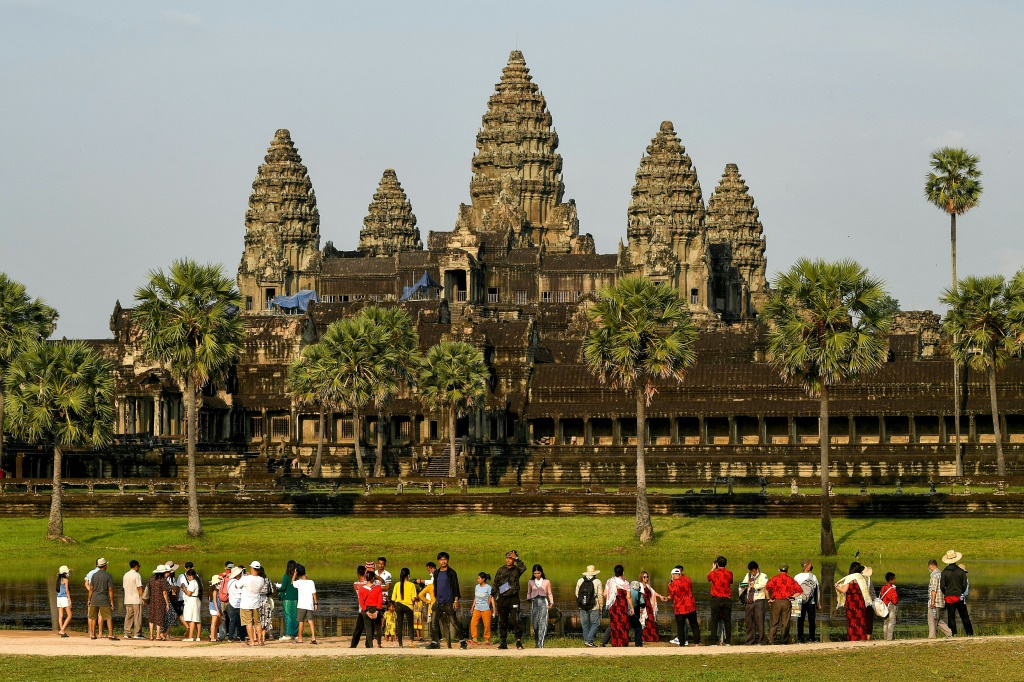 Some of the antiquities had been stolen from the temples of Angkor, such as the temple of Angkor Wat (pictured April 2022) in Cambodia