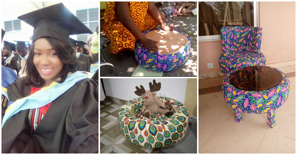 Ghanaian graduate sacked from job due to pregnancy now turns tyres into furniture for living