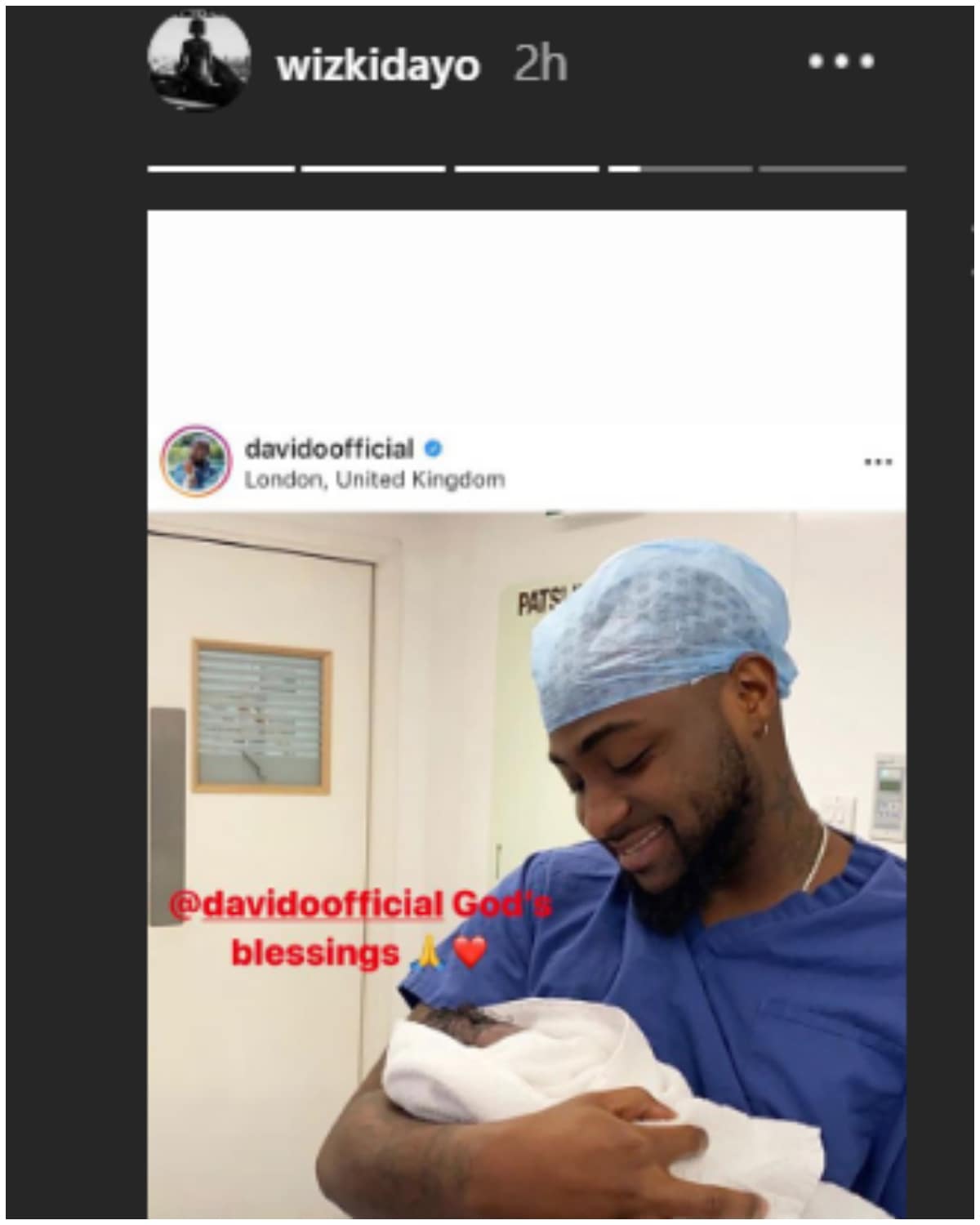 Davido reacts as Wizkid congratulates him on welcoming his first son